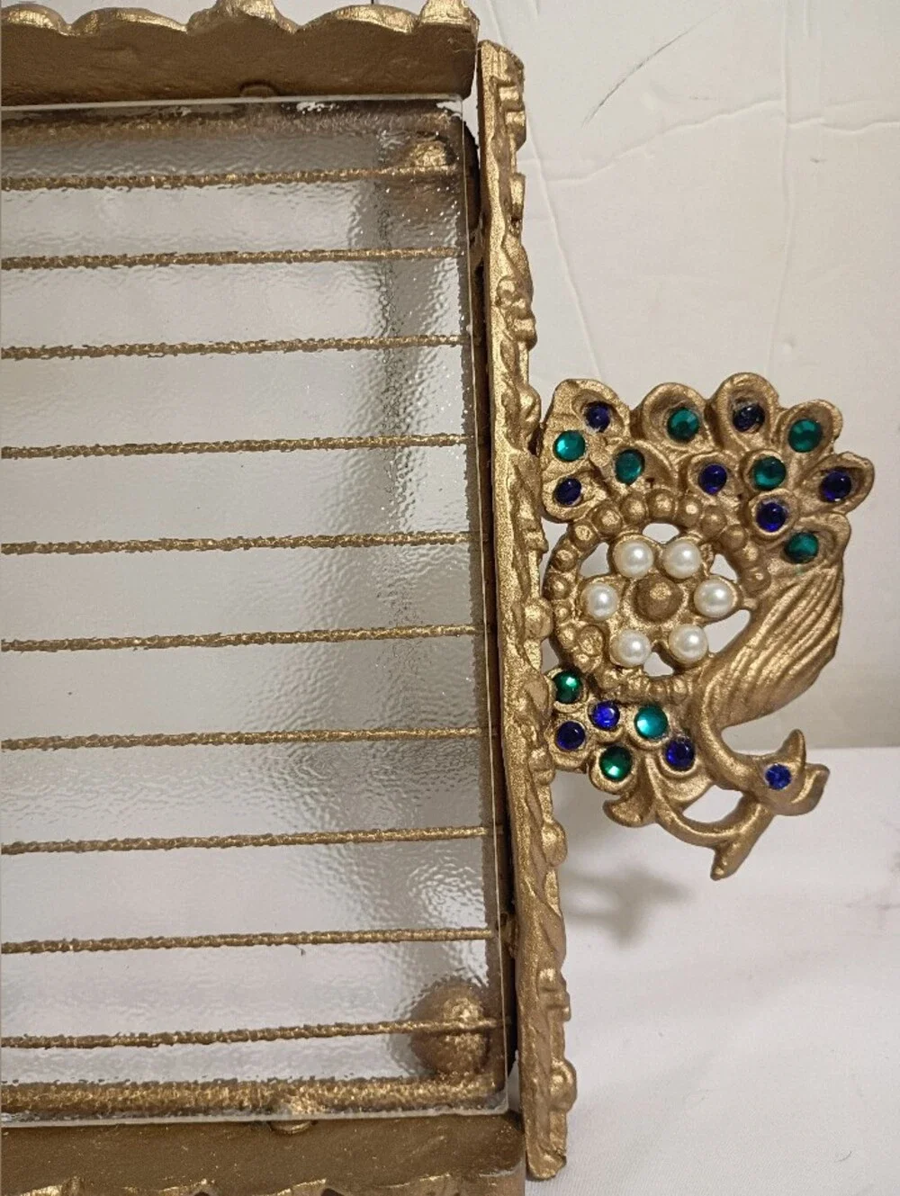 Vtg '60s Hollywood Regency Jeweled Peacock Vanity Tray & Letter Holder Set Gold